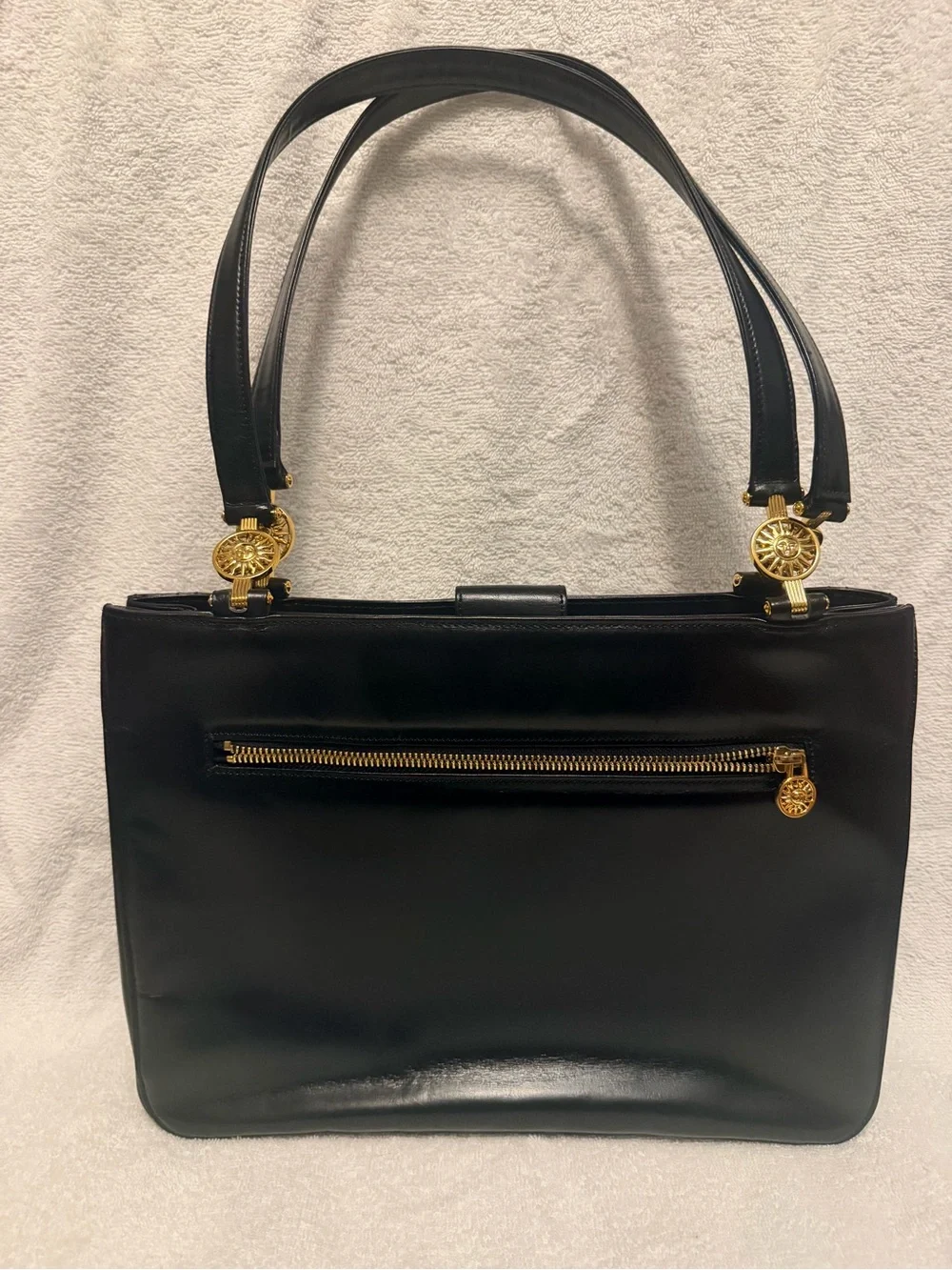 Versace Black Leather Shoulder Bag with Gold Medallion